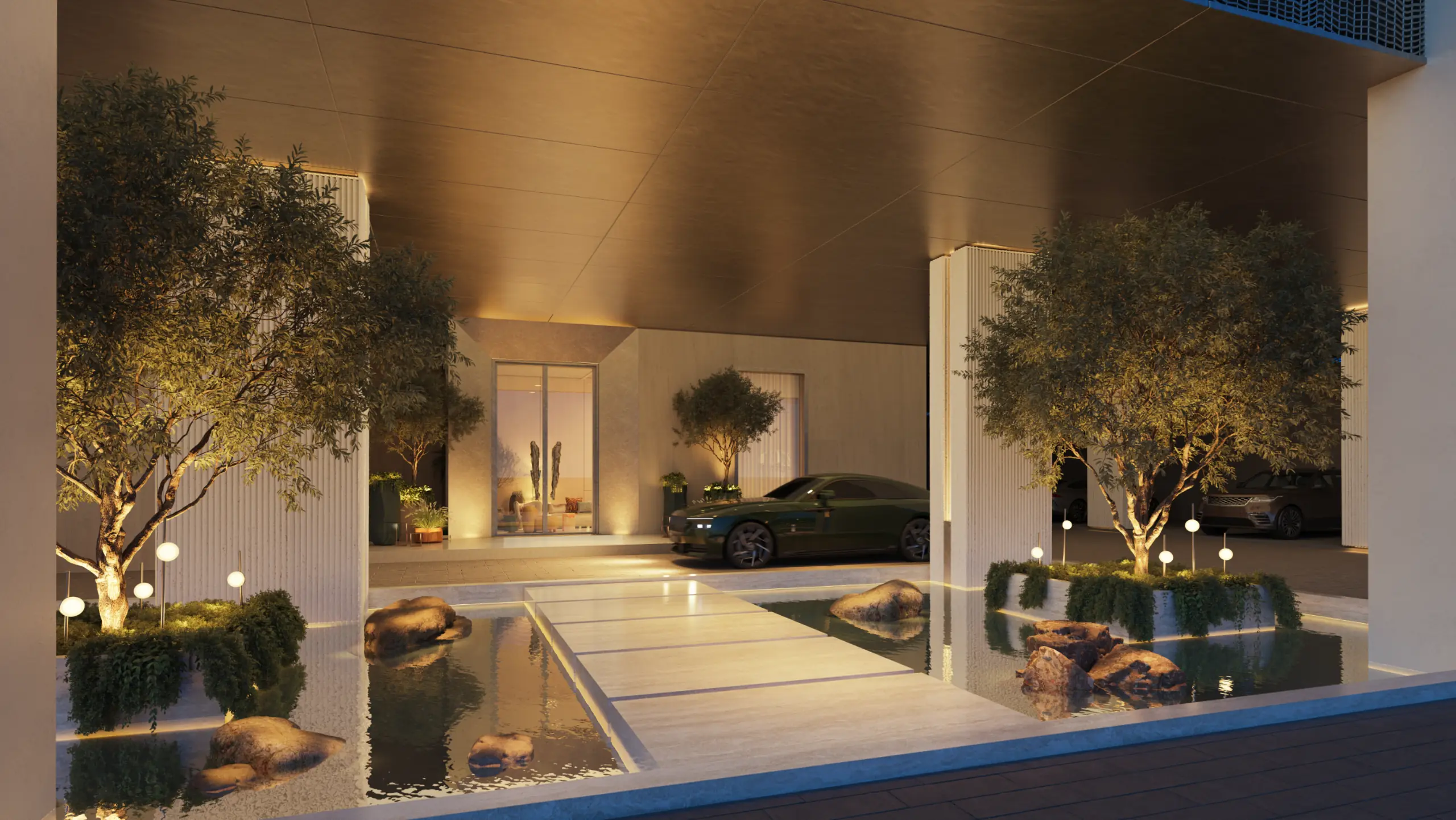 Arrival court with reflecting pools, stepping stones and olive trees