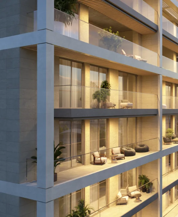 Private balconies overlooking parkland and the skyline
