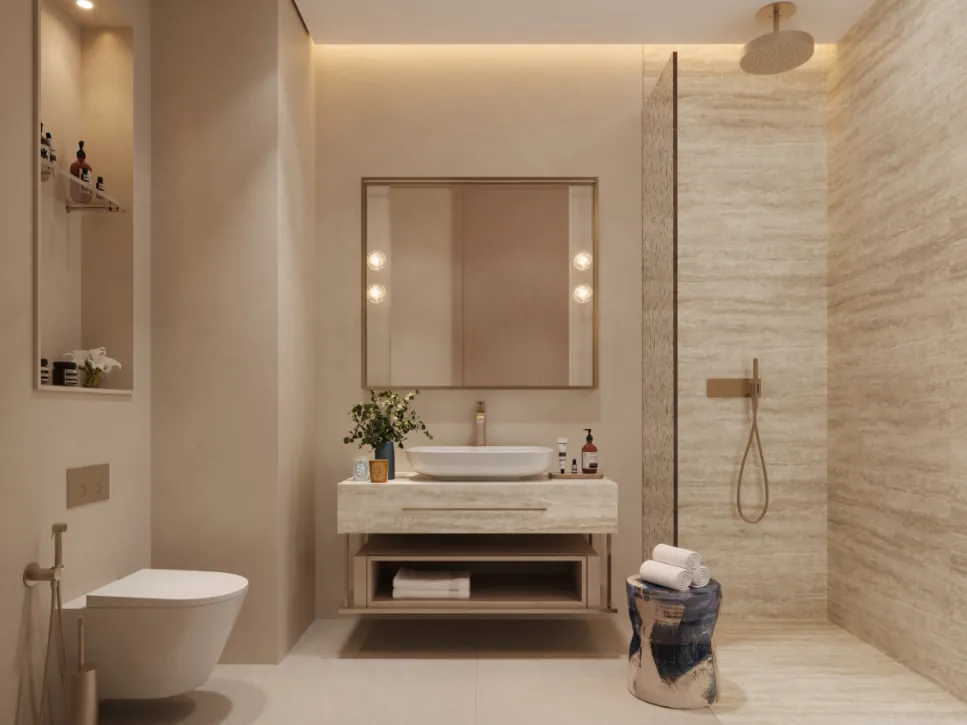 Bathroom in travertine with a walk-in shower