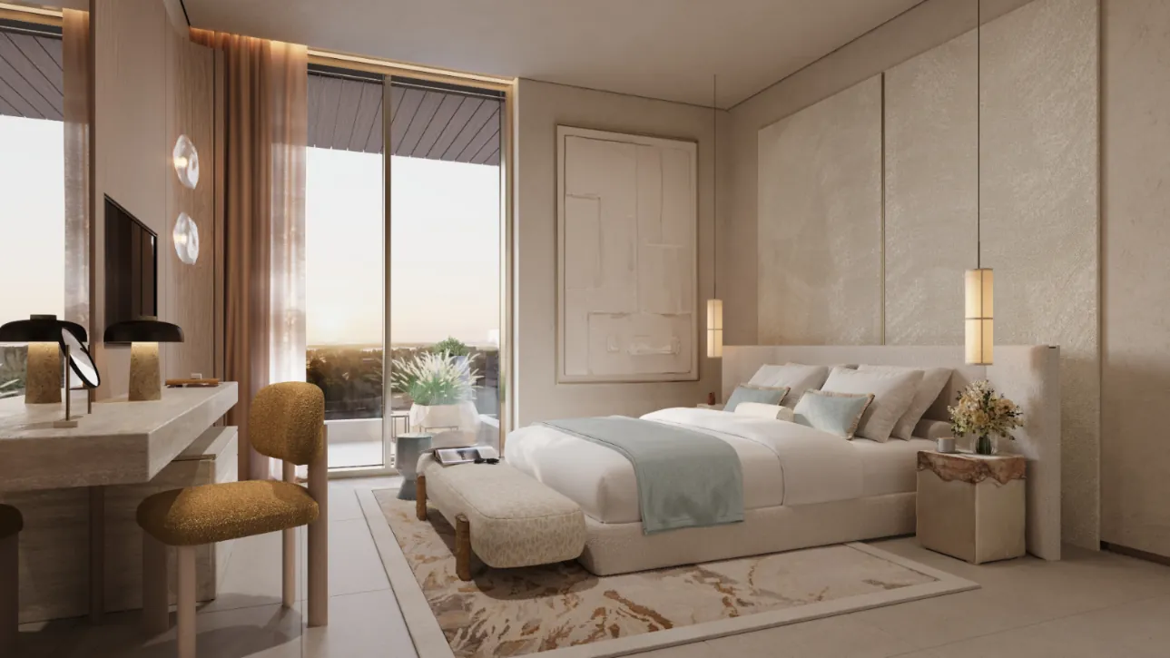 Master bedroom opening onto a balcony