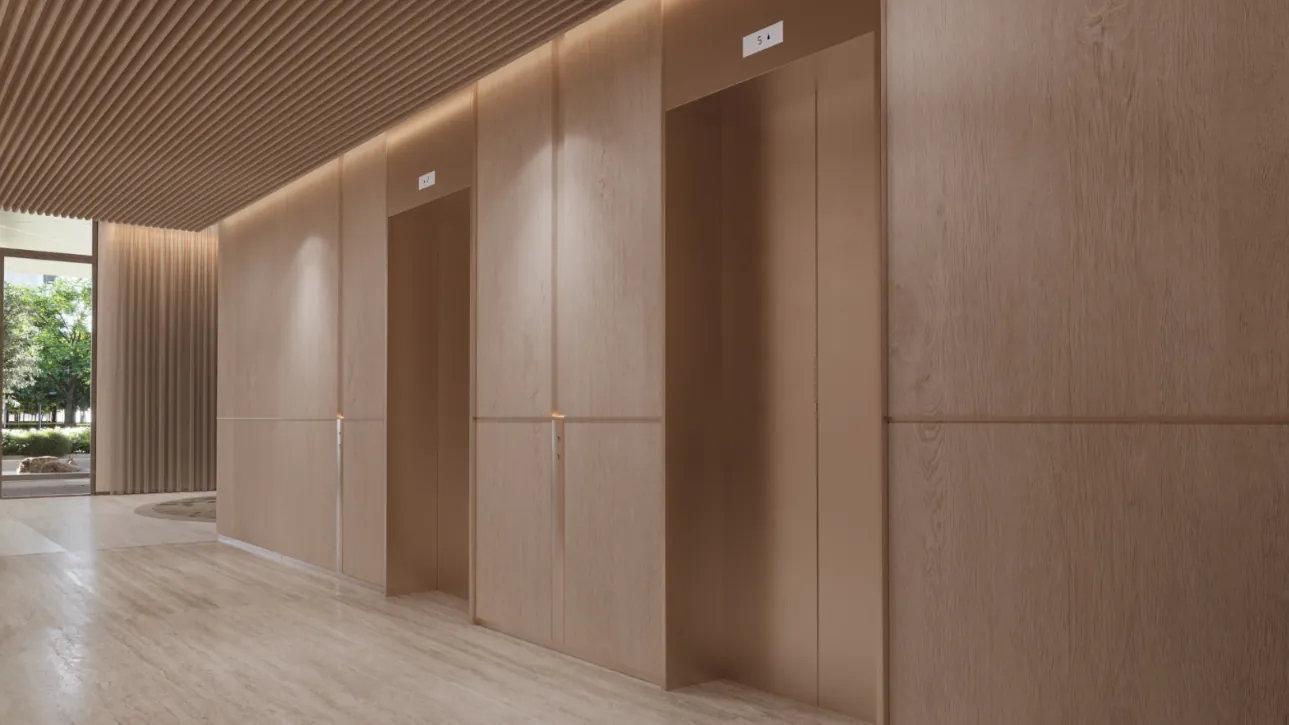 Lift lobby in timber and travertine