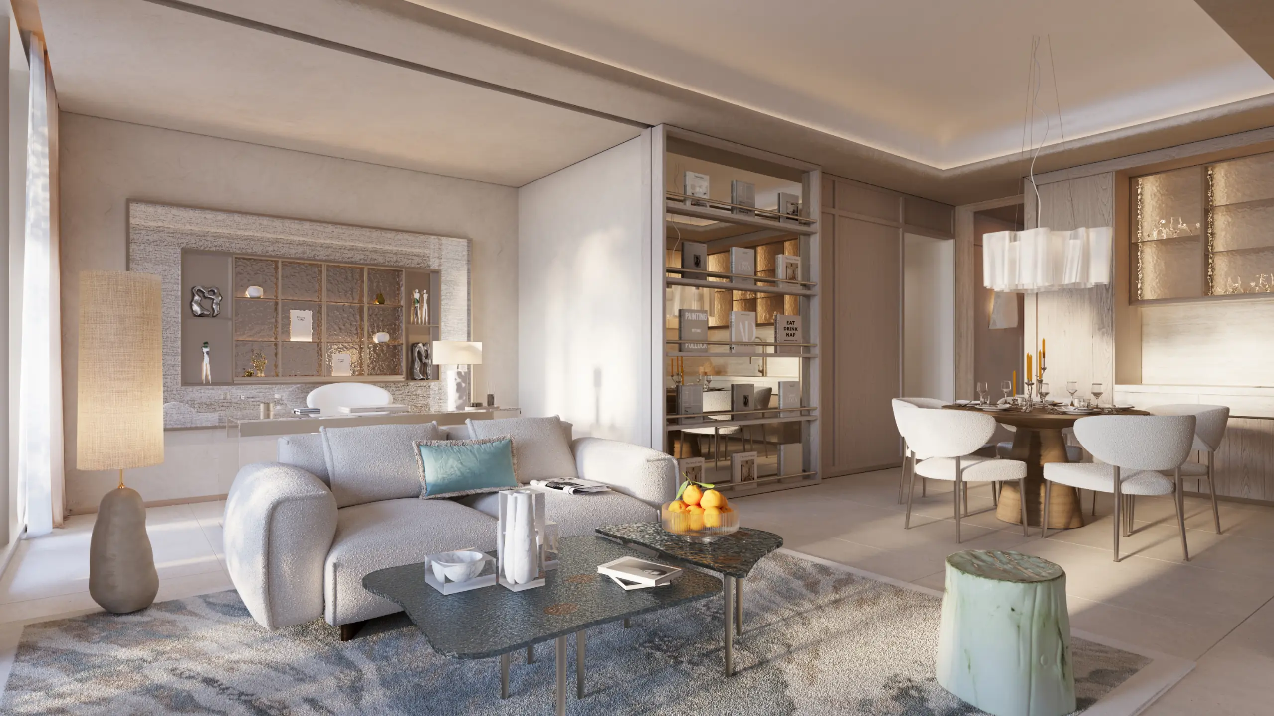 Living and dining room of a 2 BHK residence
