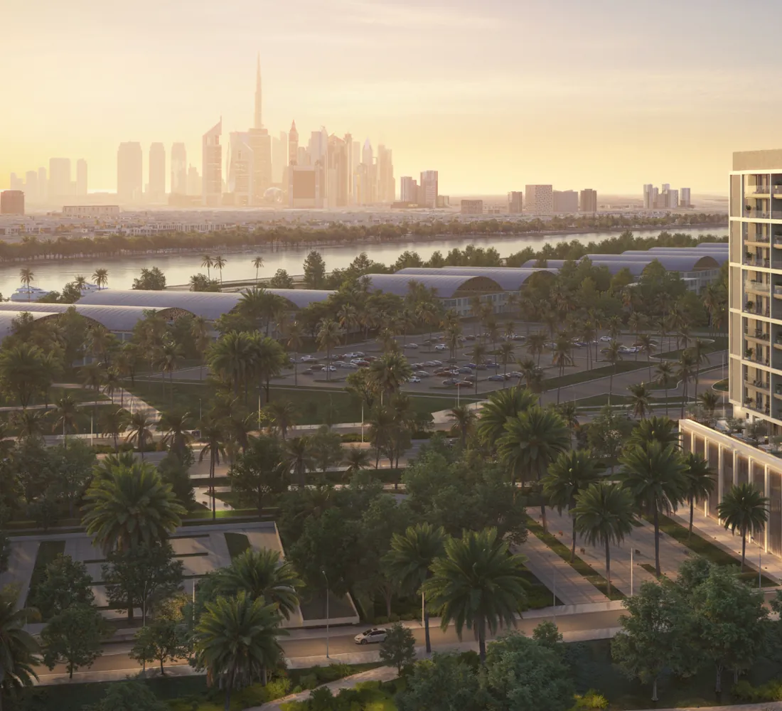 Downtown Dubai skyline seen across the water from Dubai Islands